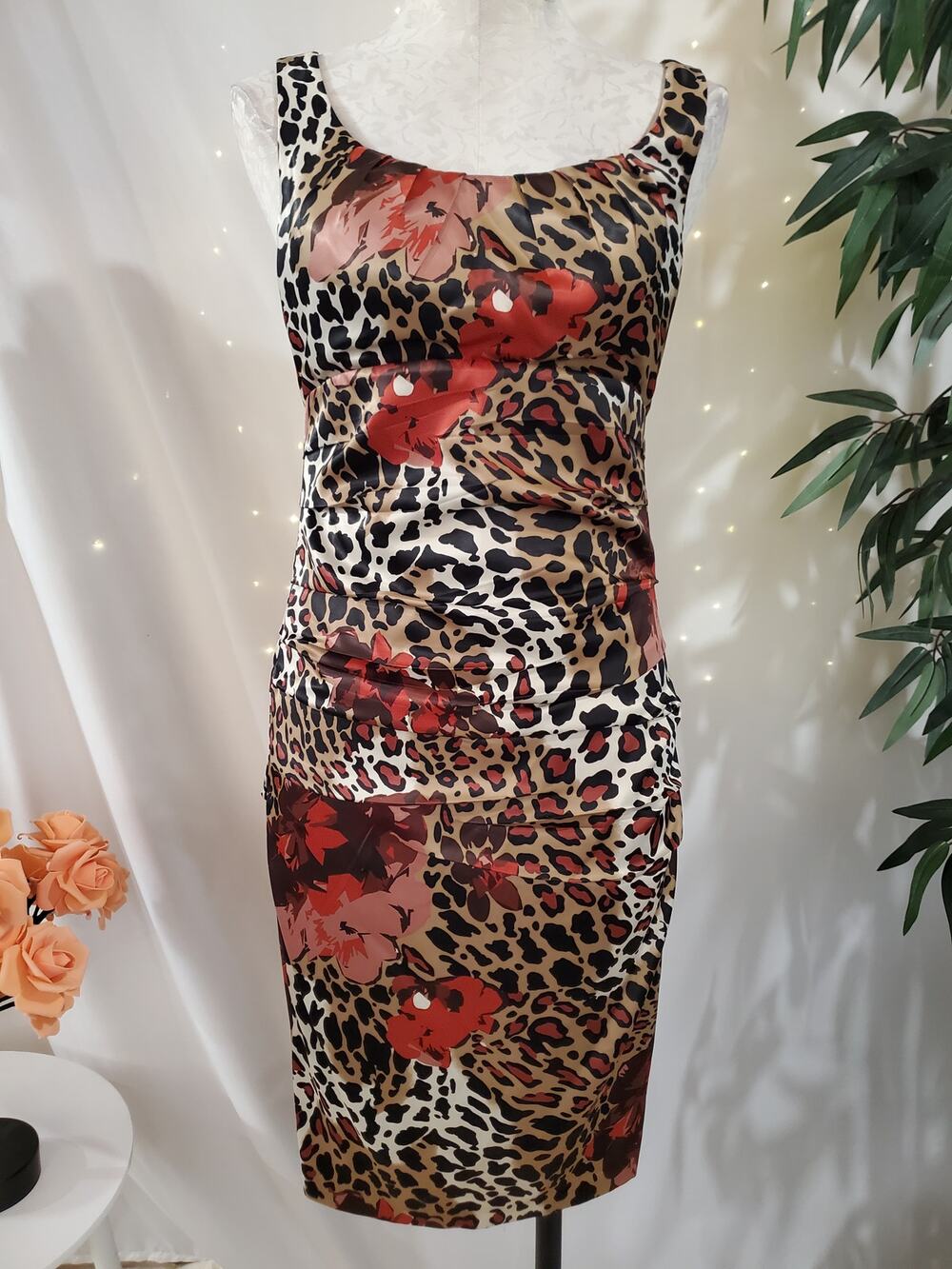 Vtg Y2K Signature by Sangria Animal Leopard Floral Satin Ruched Wiggle Dress 4